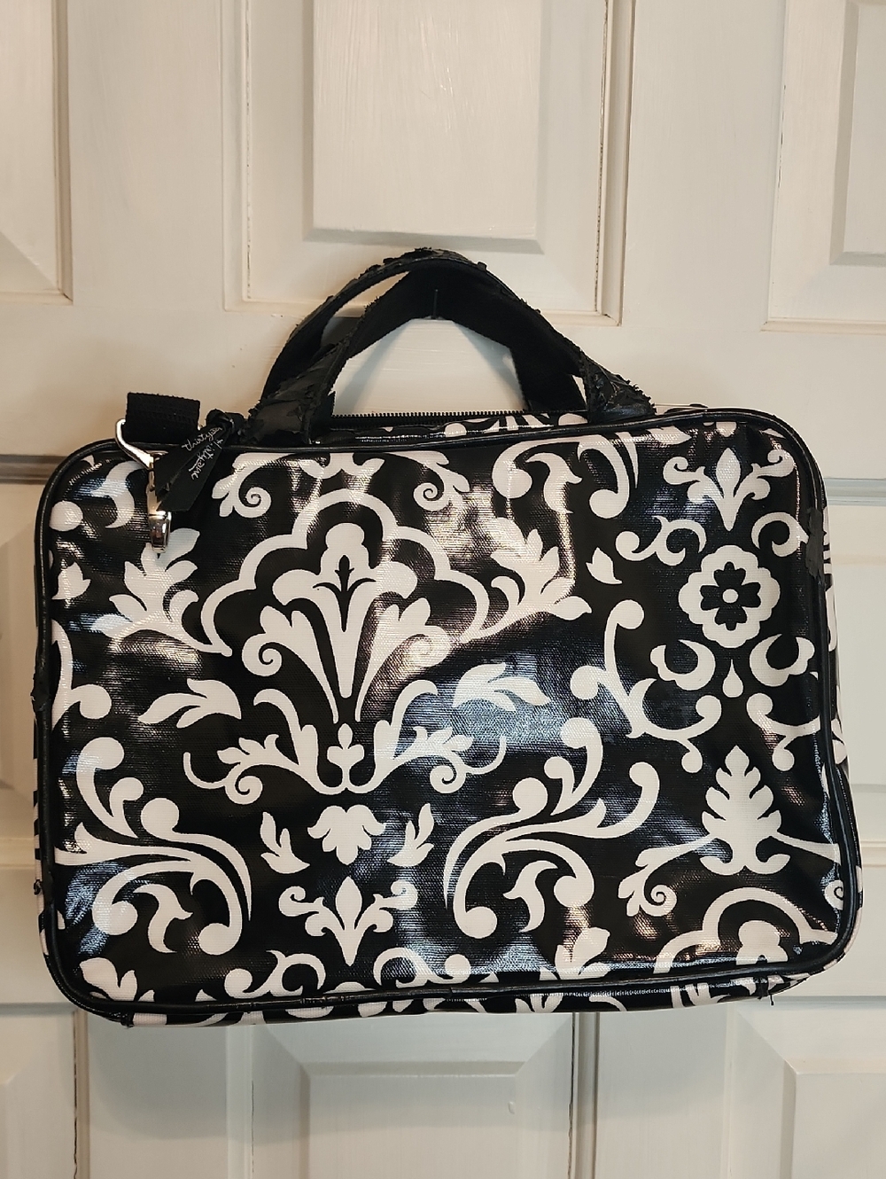 Thirty One 31 Black & White Stripe and Scroll Cosmetic Organizer